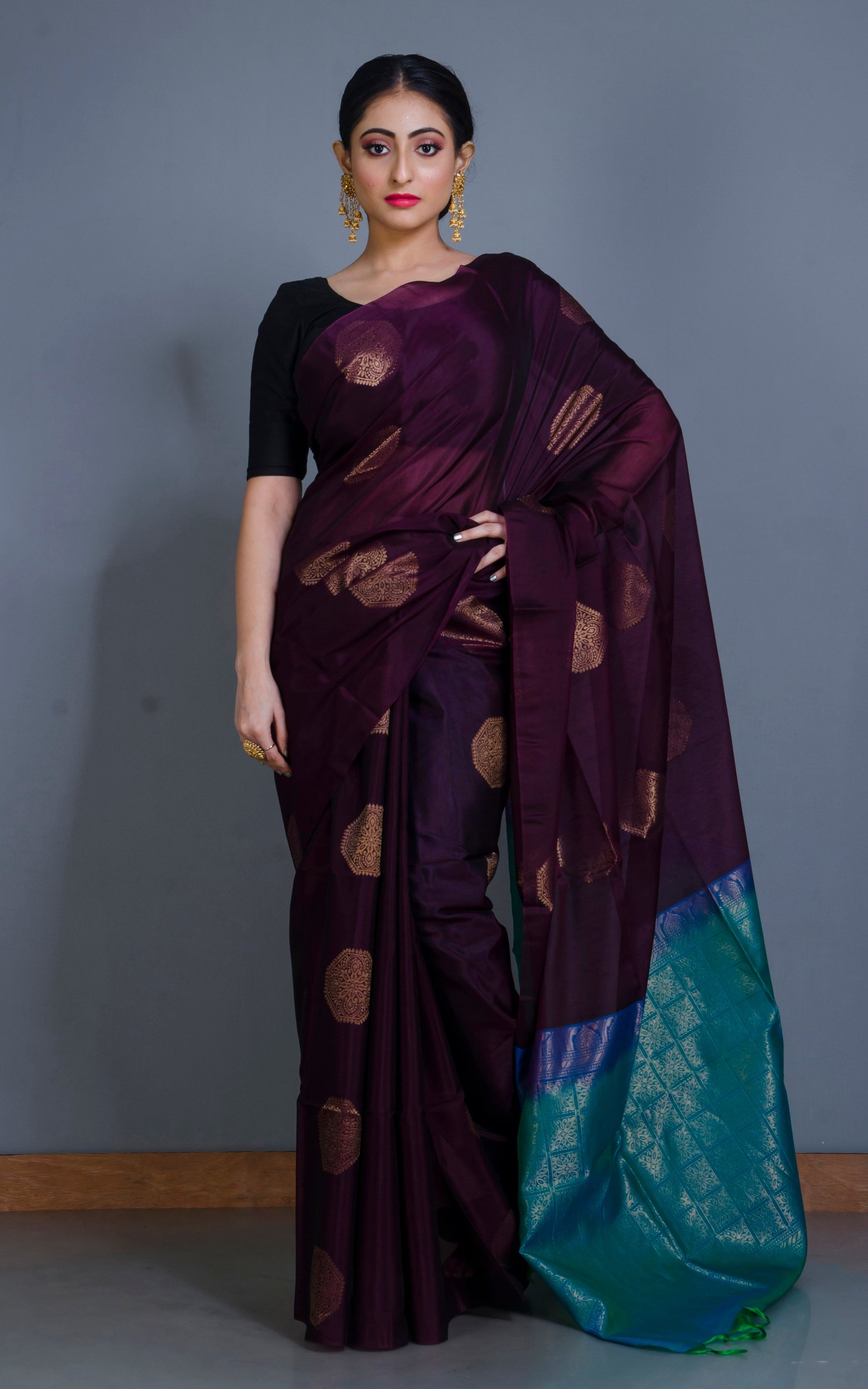 poth saree Premium Quality Poth Cotton Silk Kangivaram Saree in Dark Wine, Cerule – Mohi fashion