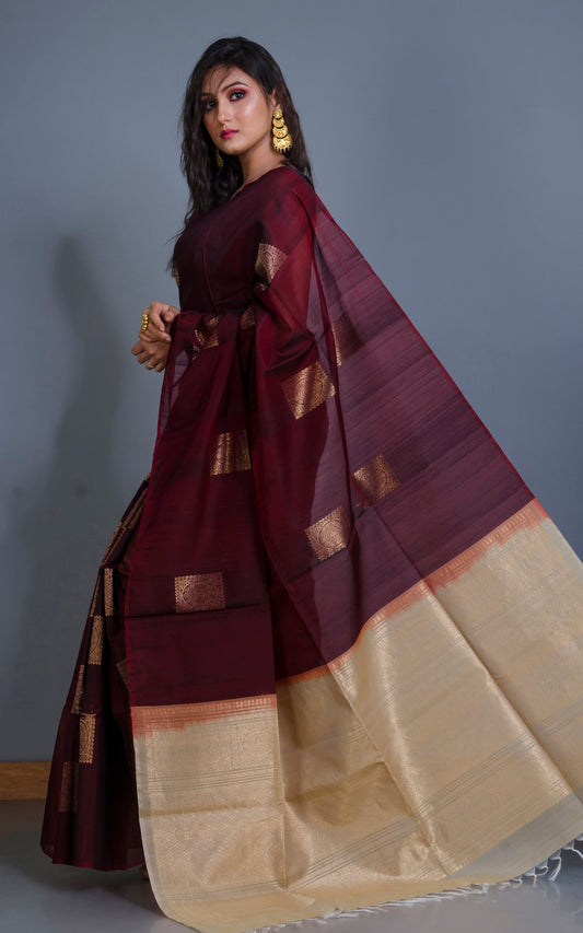 Premium Quality Poth Cotton Silk Kangivaram Saree in Garnet, Parmesan and Muted Gold Zari Work