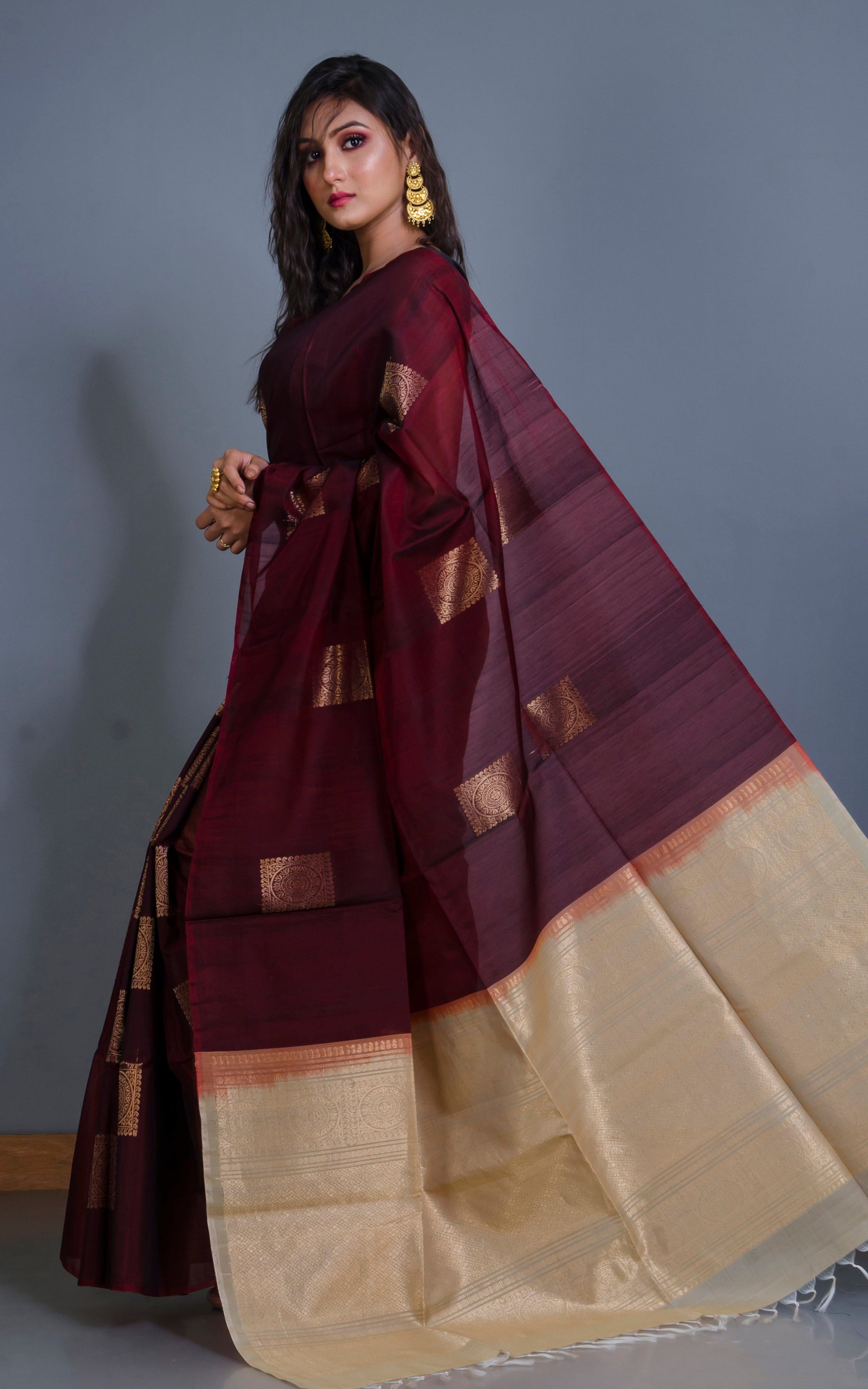 Premium Quality Poth Cotton Silk Kangivaram Saree in Garnet, Parmesan and Muted Gold Zari Work