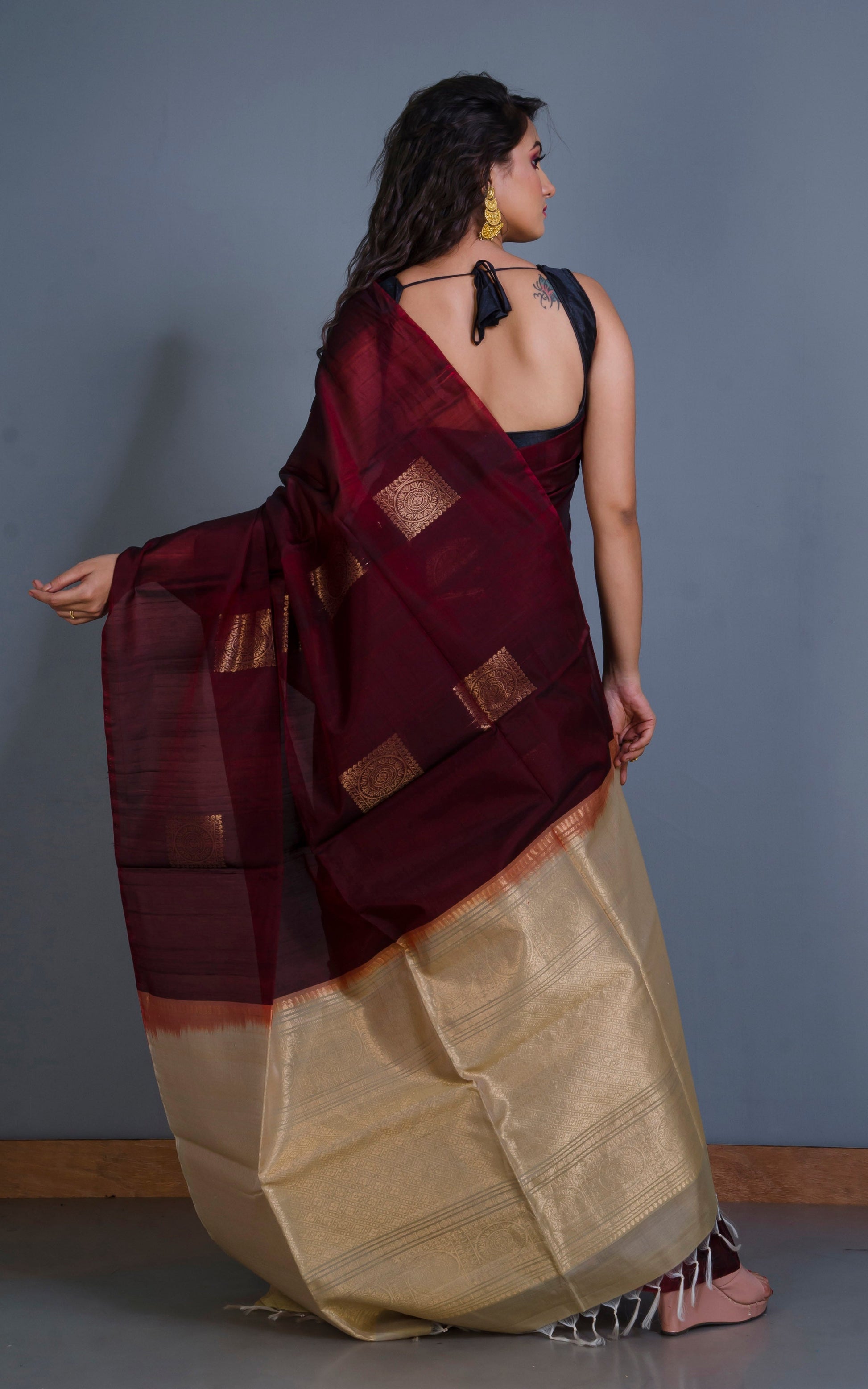 Premium Quality Poth Cotton Silk Kangivaram Saree in Garnet, Parmesan and Muted Gold Zari Work