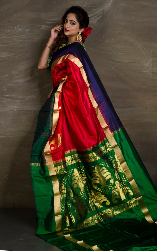 Pure Silk Patli Pallu Saree in Coral Red, Indigo Blue and Forest Green