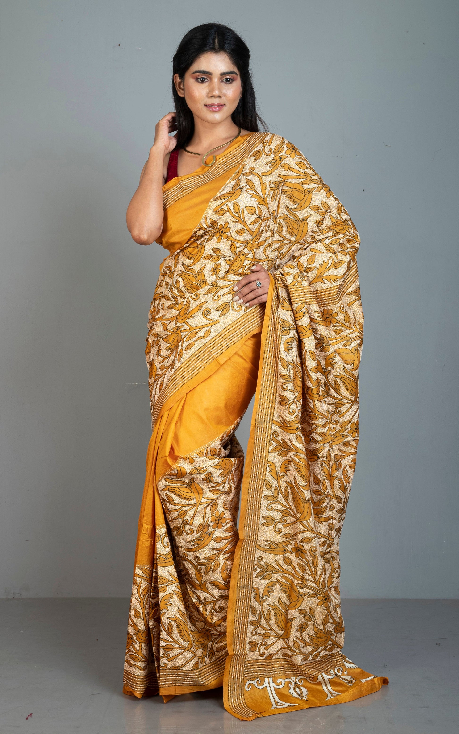 Hand Embroidery Reverse Nakshi Work Kantha Stitch Pure Silk Saree in Mustard Yellow, Off White and Black Thread Work