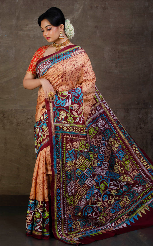 Pure Silk Hand Embroidery Batik Kantha Stitch Saree in Wheat, Mahogany and Multicolored Thread Work