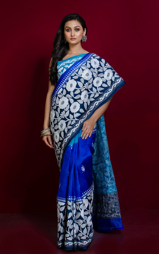 Tie-Dye Pure Silk Hand Embroidery Kantha Stitch Saree in Cyan, Royal Blue, Midnight Blue and White
