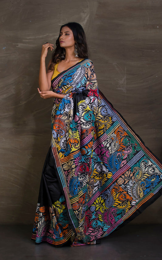 Pure Silk Hand Embroidery Kantha Stitch Saree in Black and Multicolored Thread Work