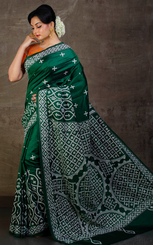 Pure Silk Hand Embroidery Kantha Stitch Saree in Dark Green and White