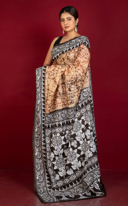 Pure Silk Hand Embroidery Hand Batik Kantha Stitch Saree in Parmesan, Snuff Brown and Off White Thread Work