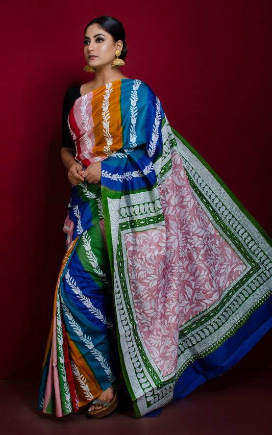 Tie-Dye Pure Silk Hand Embroidery Kantha Stitch Saree in Multicolored and Off White Thread Work