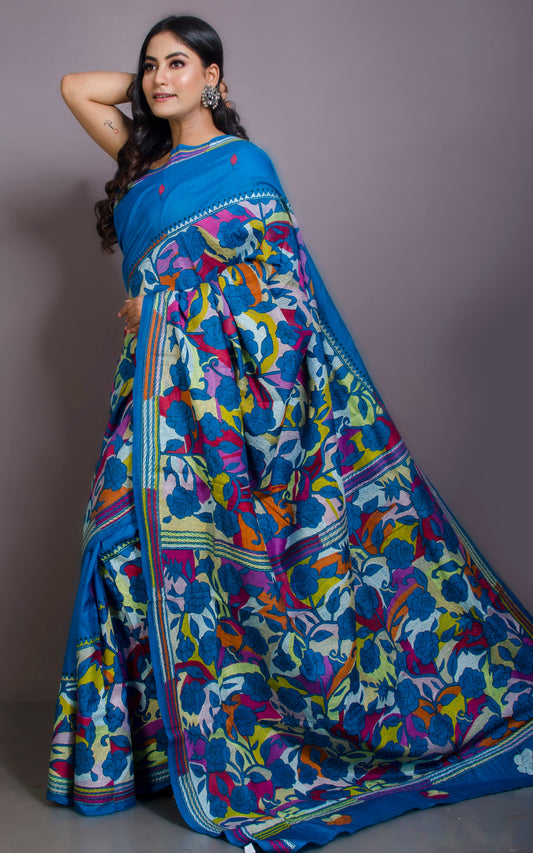 Pure Silk Hand Embroidery Kantha Stitch Saree in Neon Blue and Multicolored Thread Work