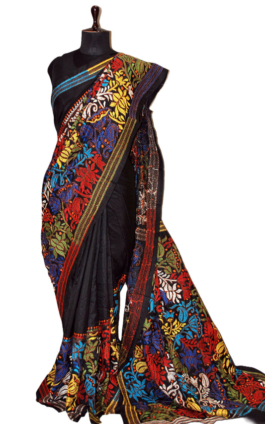Hand Embroidery Floral Kantha Stitch Pure Silk Saree in Obsidian Black and Multicolored Thread Work