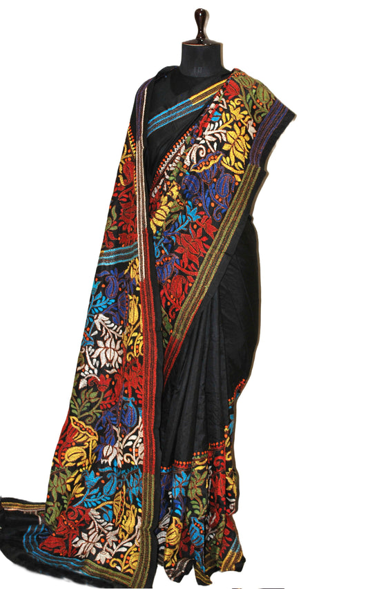 Hand Embroidery Floral Kantha Stitch Pure Silk Saree in Obsidian Black and Multicolored Thread Work