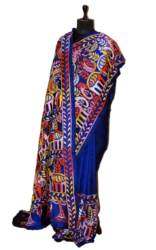 Pure Silk Hand Embroidery Kantha Stitch Saree in Prussian Blue and Multicolored Thread Work