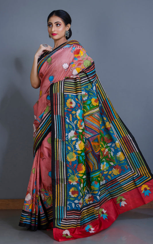 Tie-Dye Pure Silk Hand Embroidery Kantha Stitch Saree in Blossom Pink, Black and Multicolored Thread Work