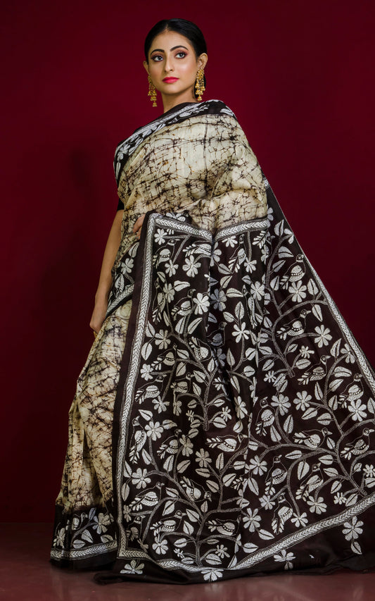 Pure Silk Hand Embroidery Hand Batik Kantha Stitch Saree in Parmesan, Coal Black and Off White Thread Work