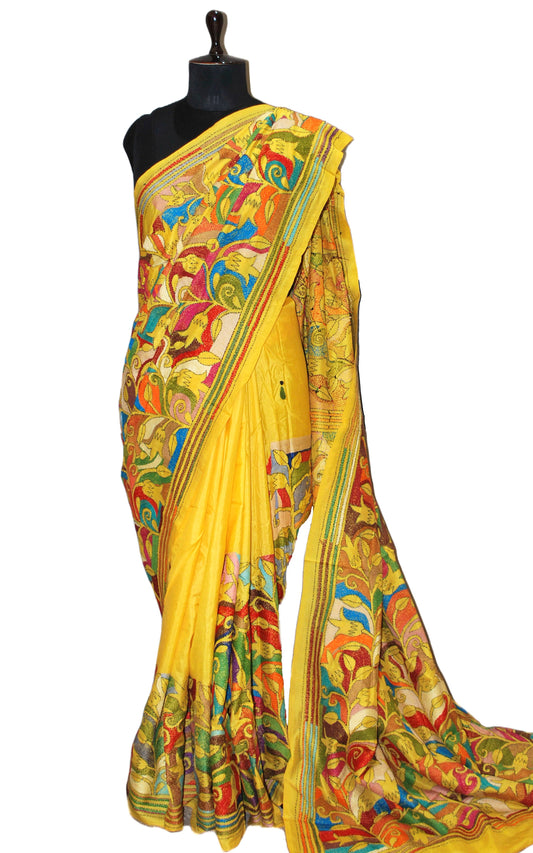 Hand Embroidery Reverse Floral Kantha Stitch Pure Silk Saree in Bright Yellow and Multicolored Thread Work