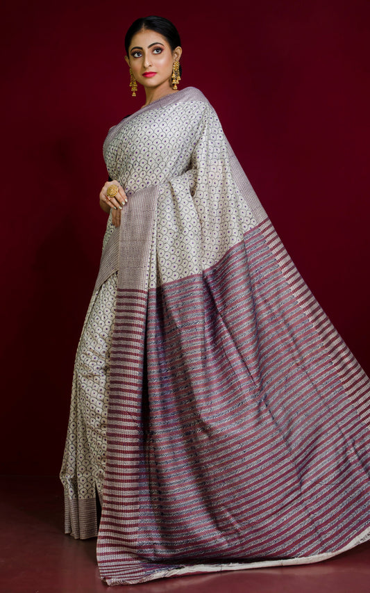 Pure Silk Hand Embroidery Kantha Stitch Saree in Light Beige, Copper Brown, Purple and Black