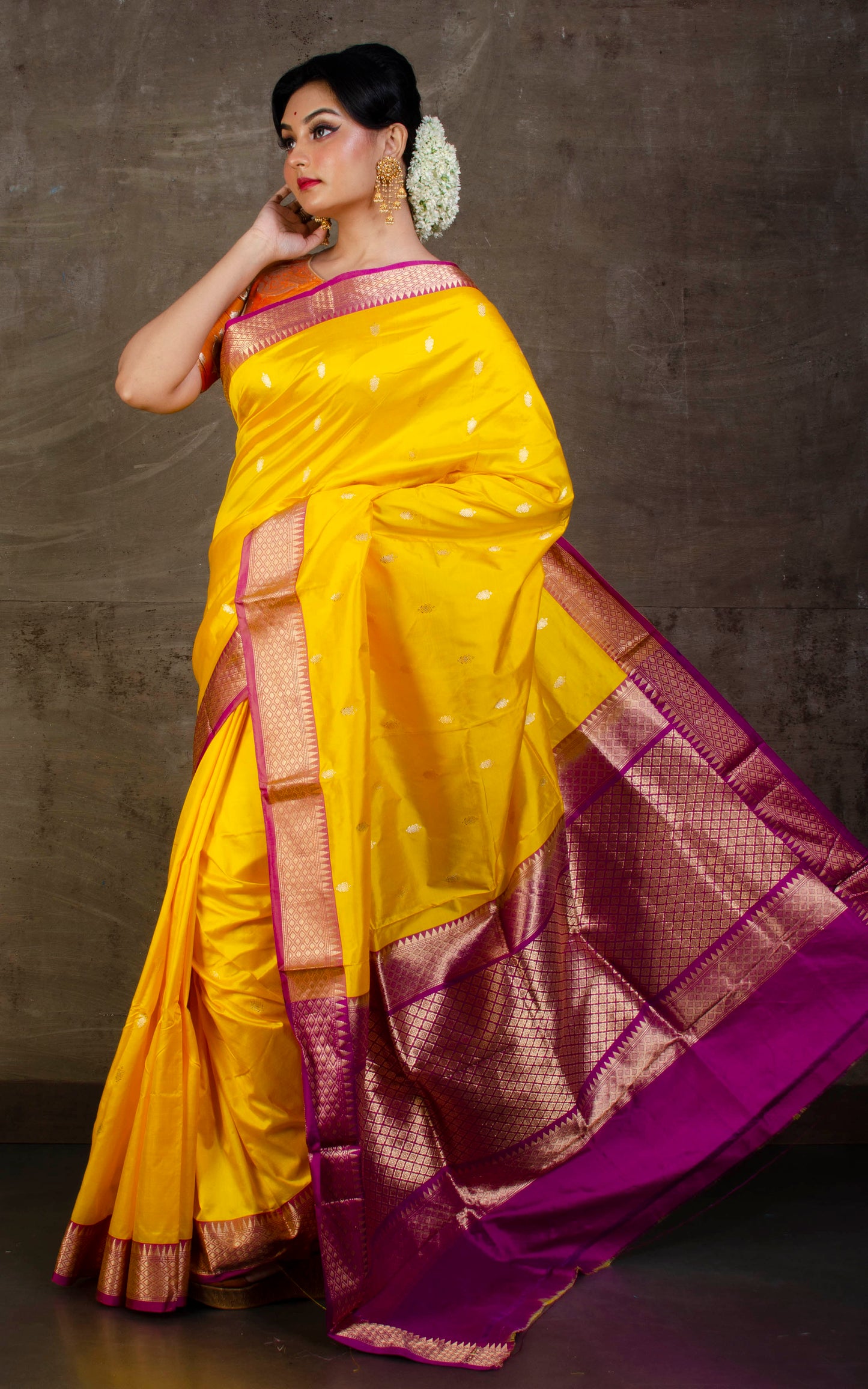 Handwoven Pure Katan Banarasi Silk Saree in Aureolin Yellow and Purple