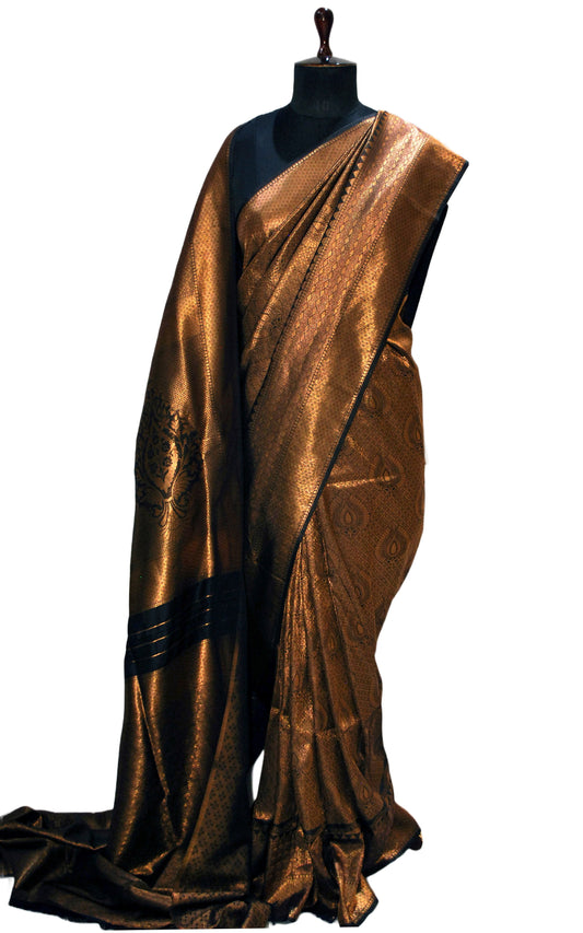 Semi Silk Brocade Kangivaram Saree in Black and Golden