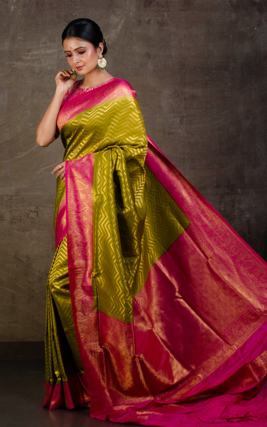 Tanchui Brocade Work Katan Silk Saree in Pistachio Green and Hot Pink