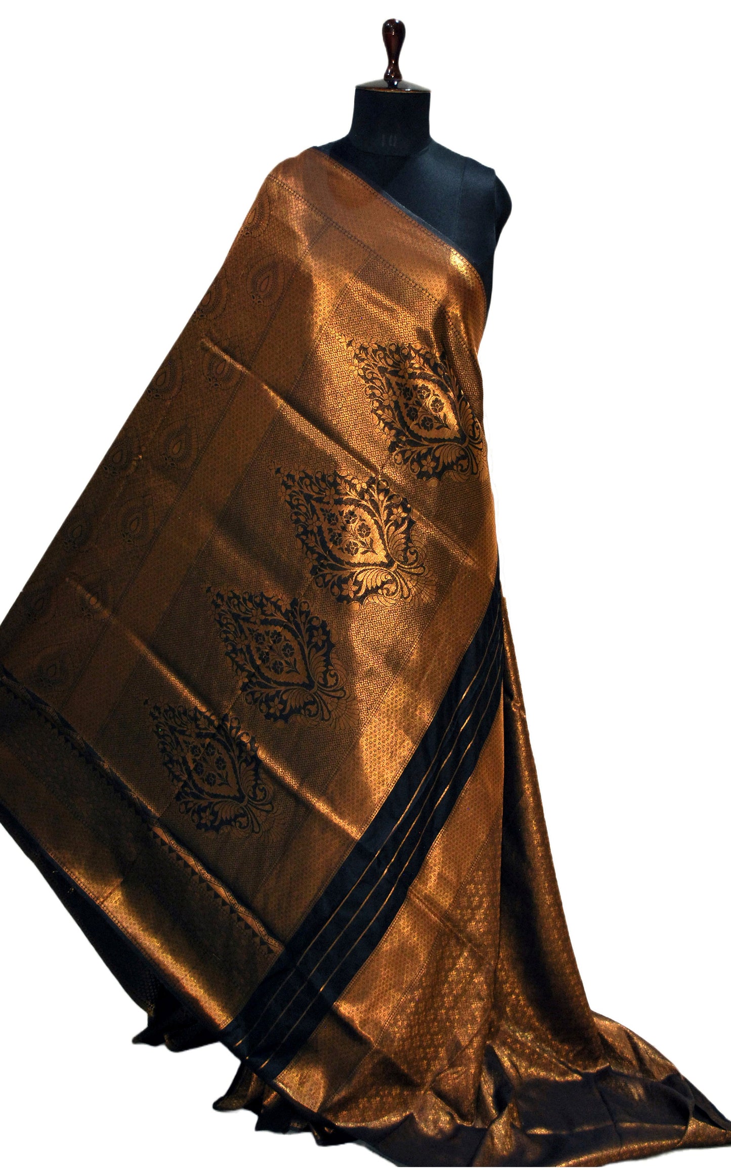 Semi Silk Brocade Kangivaram Saree in Black and Golden
