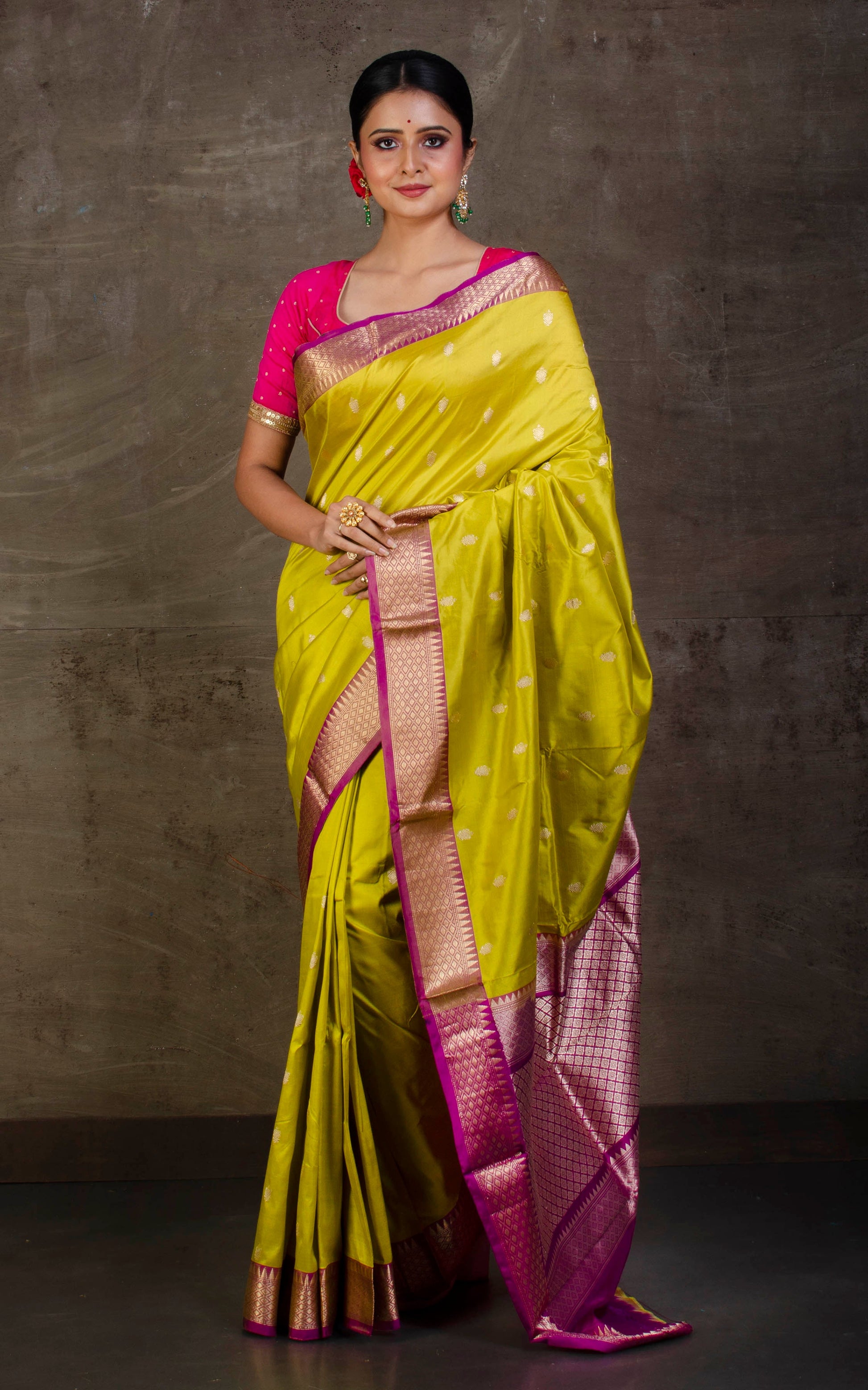 Handwoven Pure Katan Banarasi Silk Saree in Chartreuse Green and Magenta