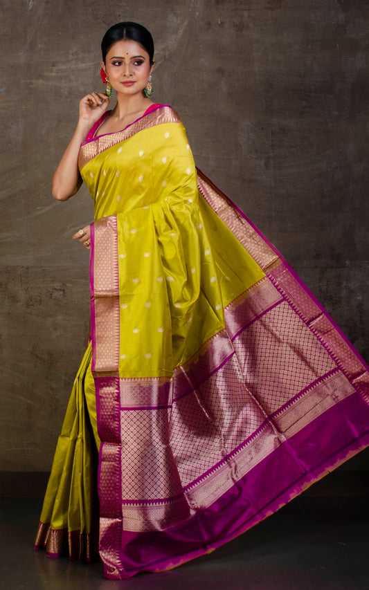 Handwoven Pure Katan Banarasi Silk Saree in Chartreuse Green and Magenta