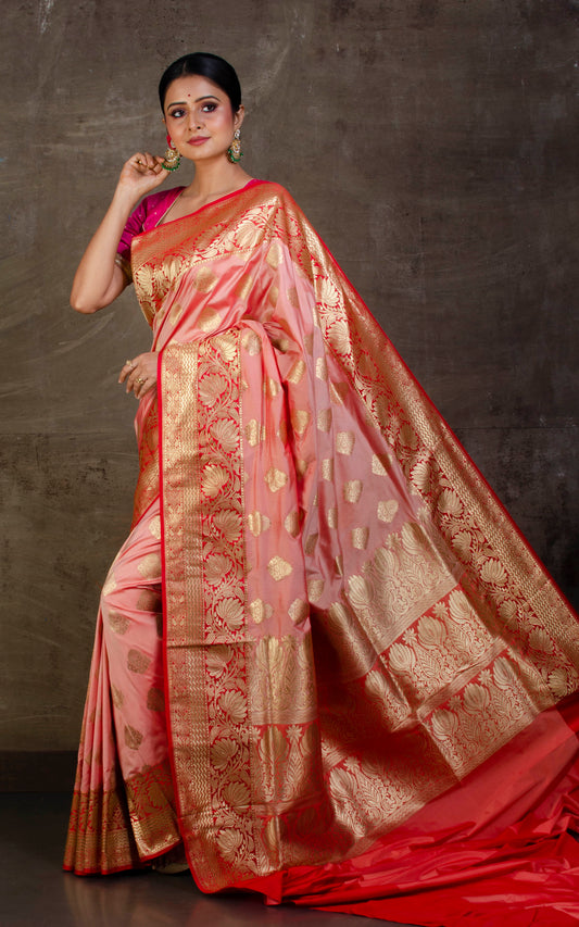 Soft Designer Semi Katan Silk Saree in Rose Quartz and Red