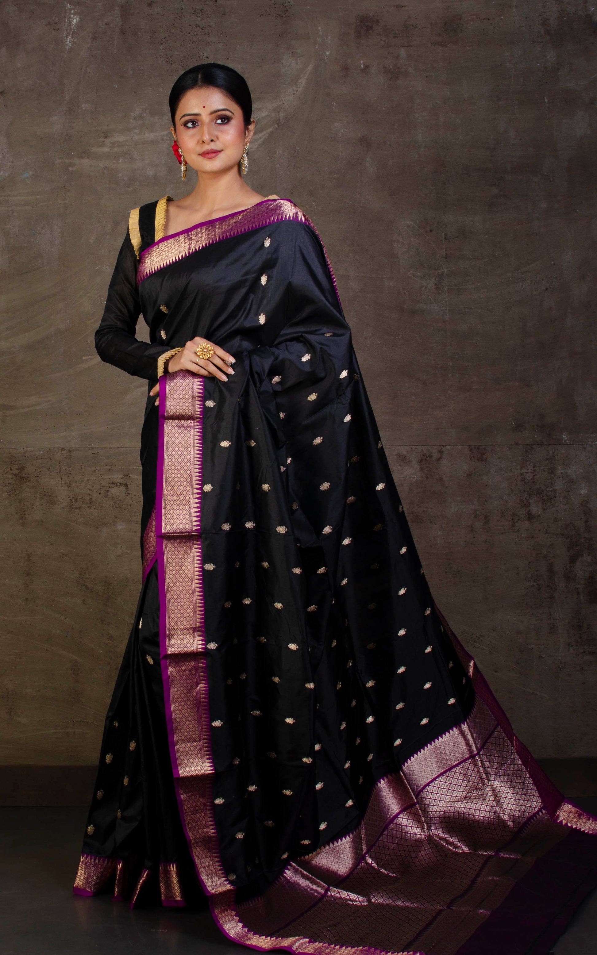 Handwoven Pure Katan Banarasi Silk Saree in Black and Purple