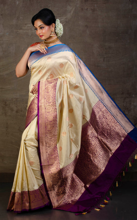 Premium Quality Katan Banarasi Silk Saree in Light Cream, Eggplant and Blue