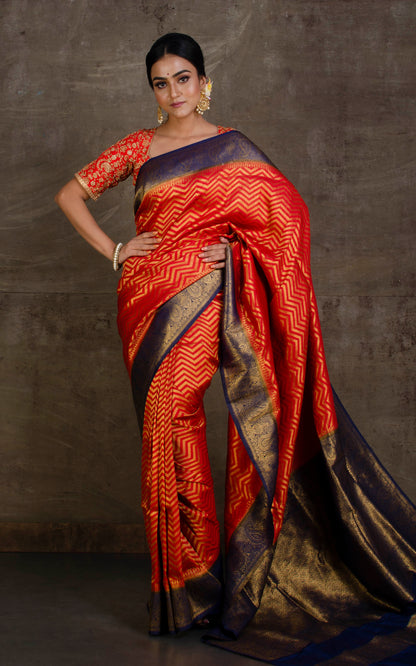 Tanchui Brocade Work Katan Silk Saree in Crimson Red and Midnight Blue