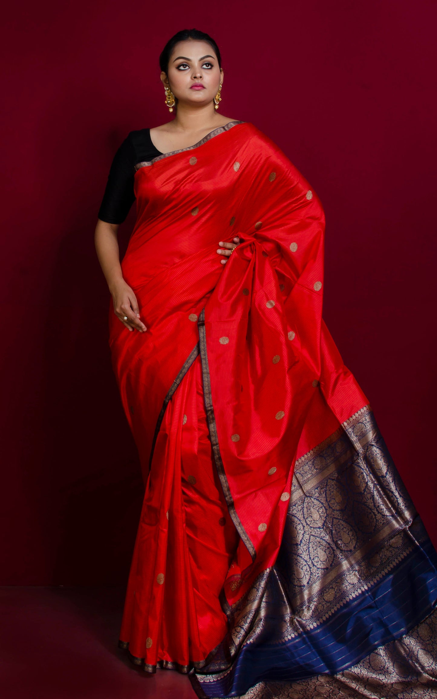 Woven Thread Nakshi Work Koniya Motif Pure Katan Banarasi Silk Saree in Red, Navy Blue and Antique Gold