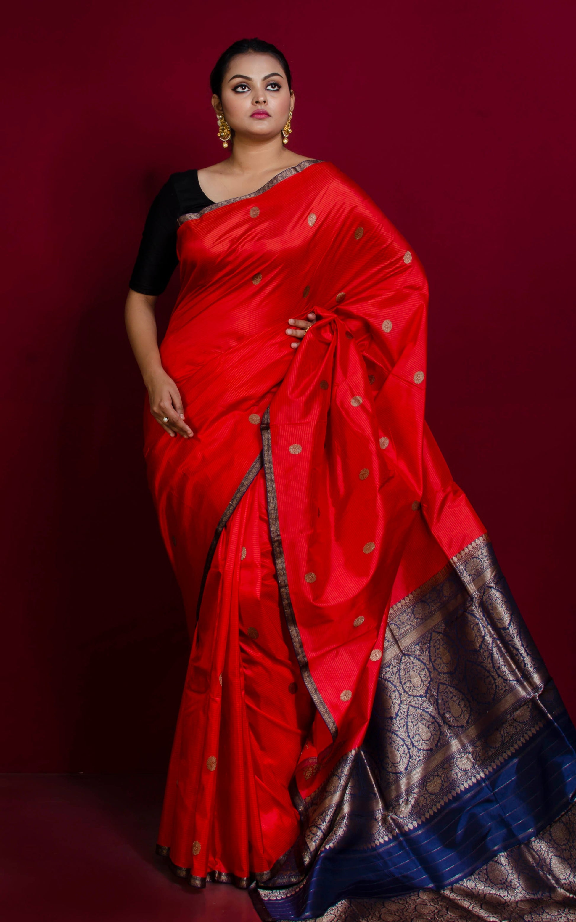 Woven Thread Nakshi Work Koniya Motif Pure Katan Banarasi Silk Saree in Red, Navy Blue and Antique Gold