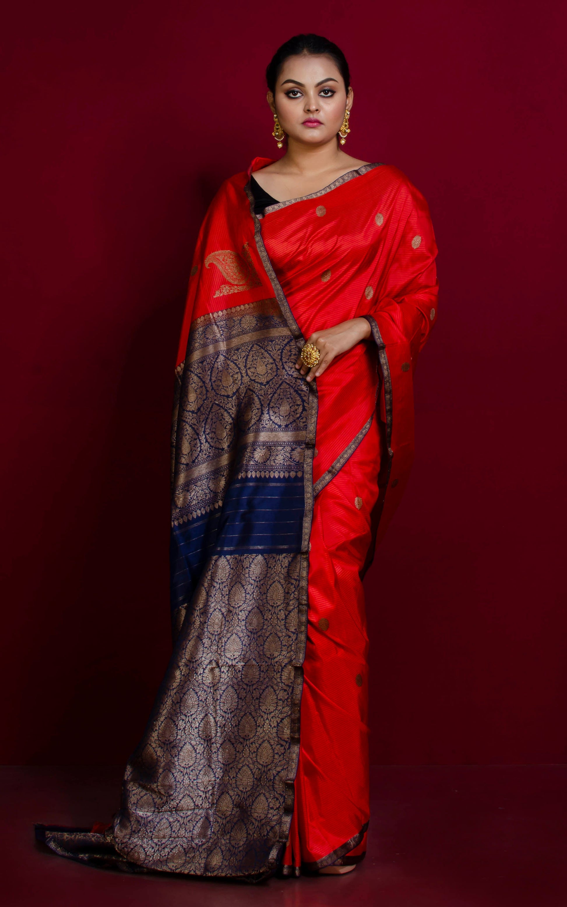 Woven Thread Nakshi Work Koniya Motif Pure Katan Banarasi Silk Saree in Red, Navy Blue and Antique Gold