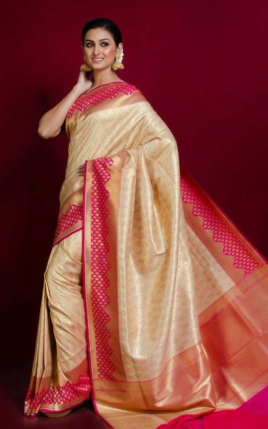Tanchui Brocade Work Katan Silk Saree in Off White, Brush Gold and Hot Pink
