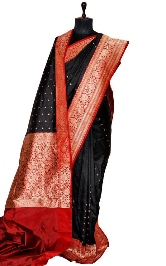 Premium Quality Banarasi Silk Saree in Bright Black, Red and Gold