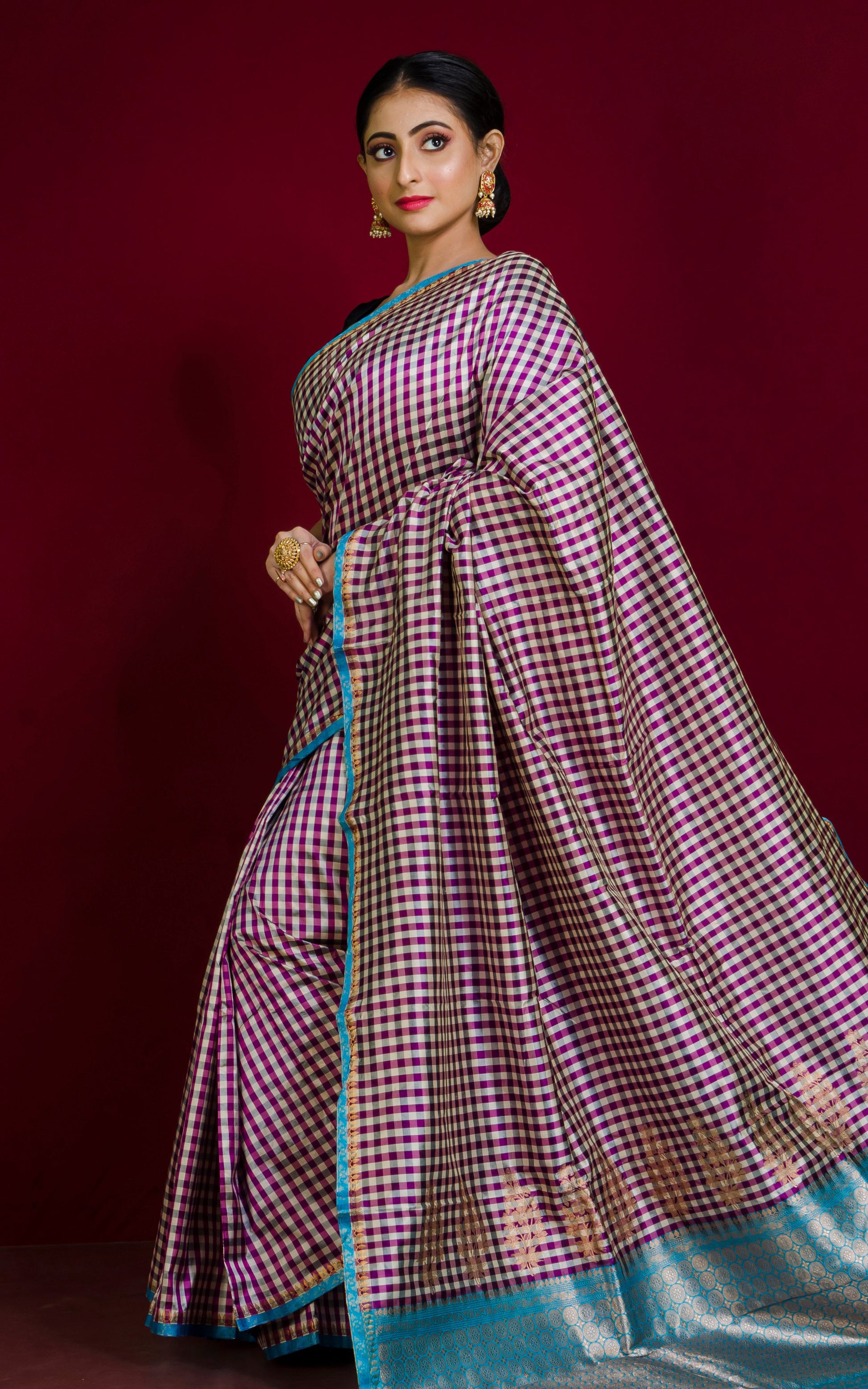 Micro Designer Checks Katan Banarasi Silk Saree in Dual Tone Purple, Off White, Charcoal Black and Firoza