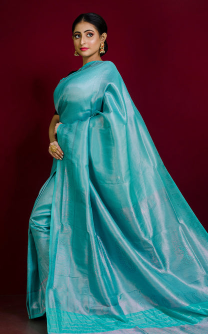 Tanchui Brocade Work Katan Silk Saree in Turquoise and Copper Zari Work