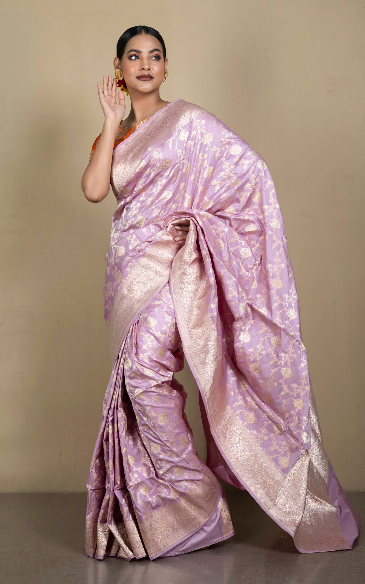Jangla Jaal Work Pure Katan Banarasi Silk Saree in Frosted Purple and Matt Gold