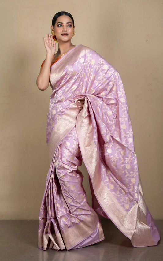 Jangla Jaal Work Pure Katan Banarasi Silk Saree in Frosted Purple and Matt Gold
