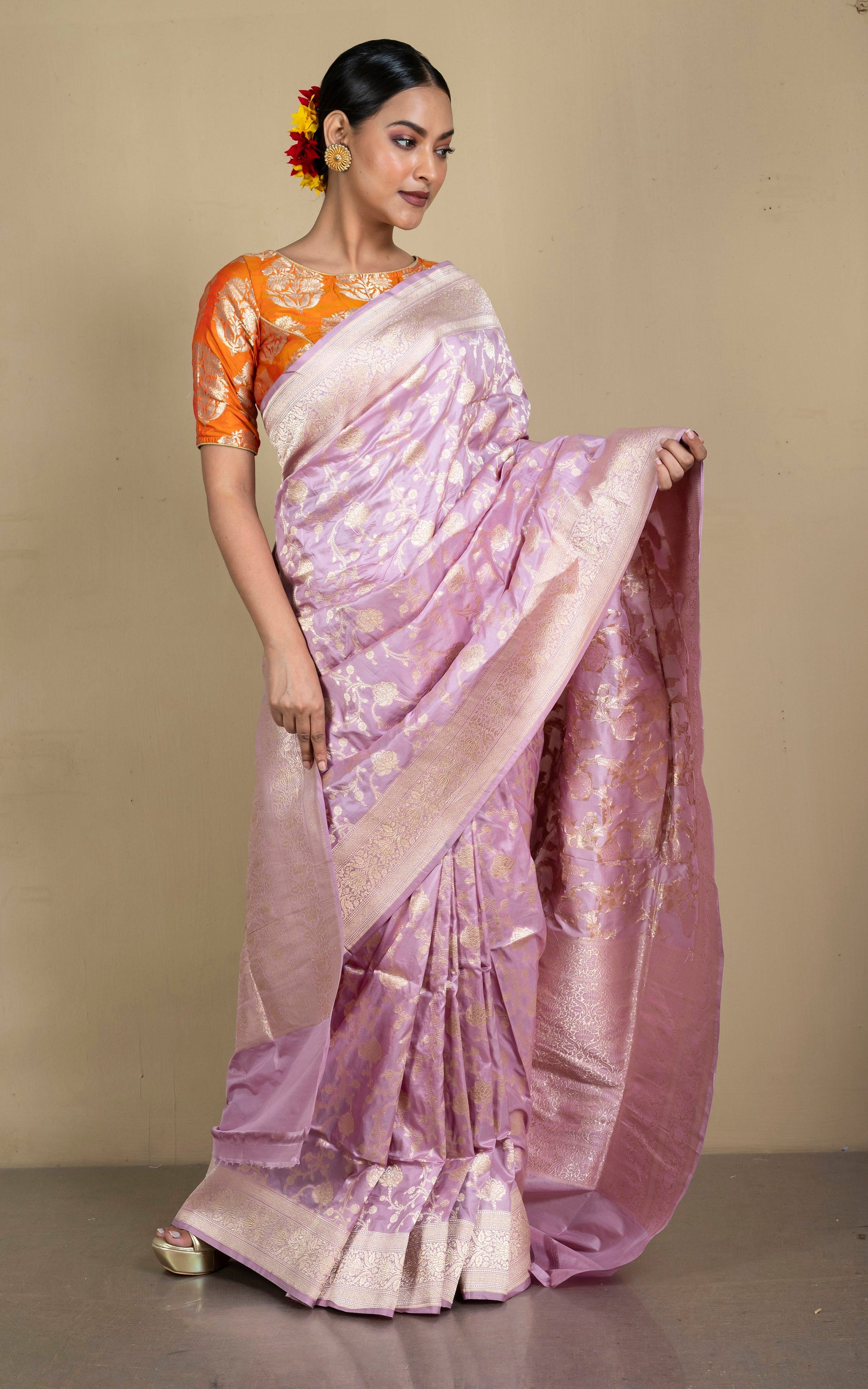 Jangla Jaal Work Pure Katan Banarasi Silk Saree in Frosted Purple and Matt Gold