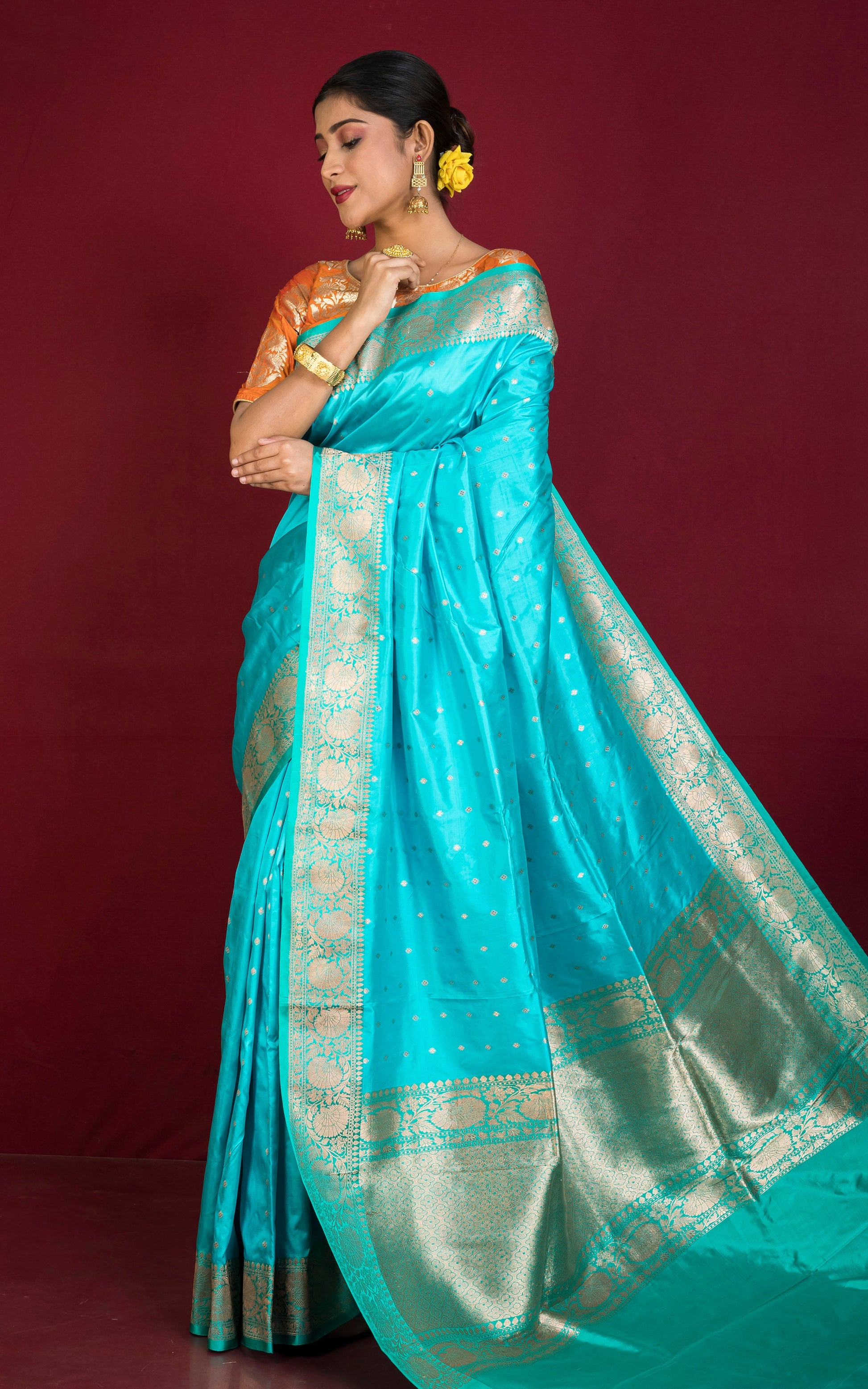 Premium Quality Banarasi Silk Saree in Vivid Sky Blue, Dark Turquoise and Gold