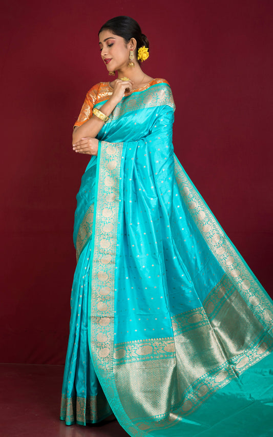 Premium Quality Banarasi Silk Saree in Vivid Sky Blue, Dark Turquoise and Gold