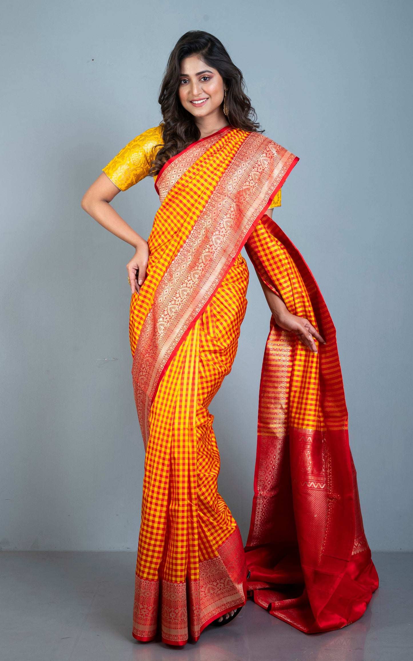 Designer Checks Katan Banarasi Silk Saree in Bright Yellow and Red