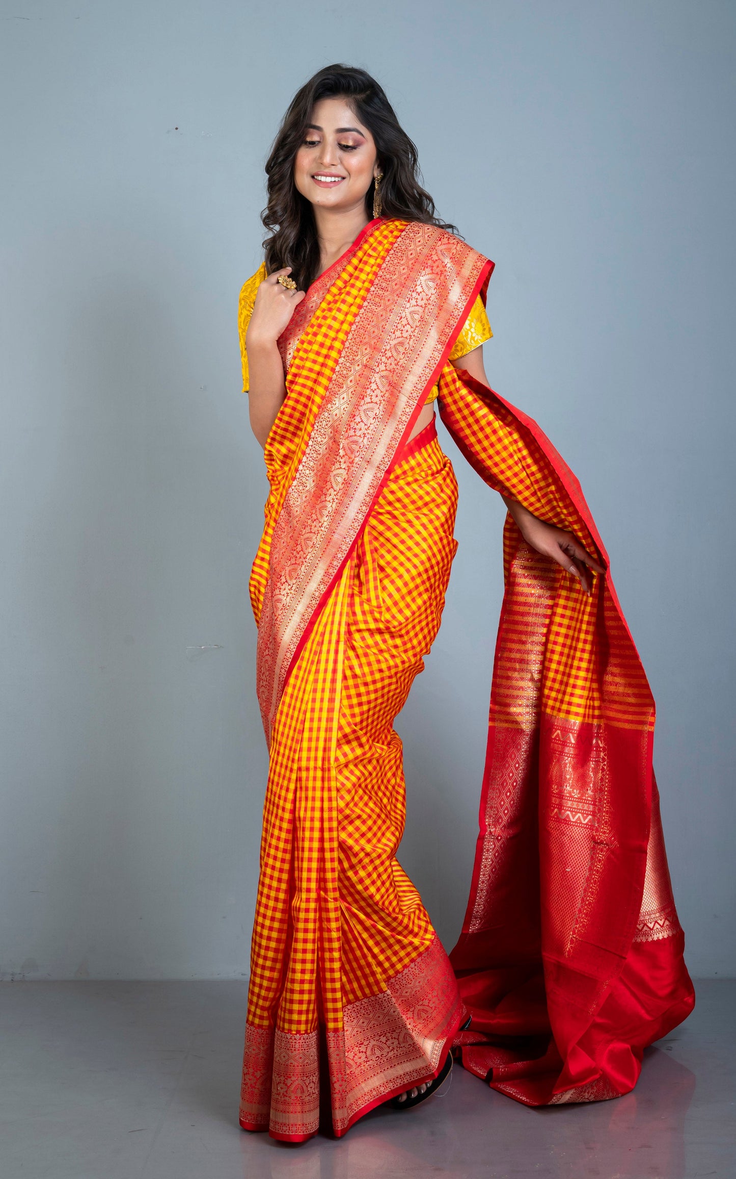 Designer Checks Katan Banarasi Silk Saree in Bright Yellow and Red