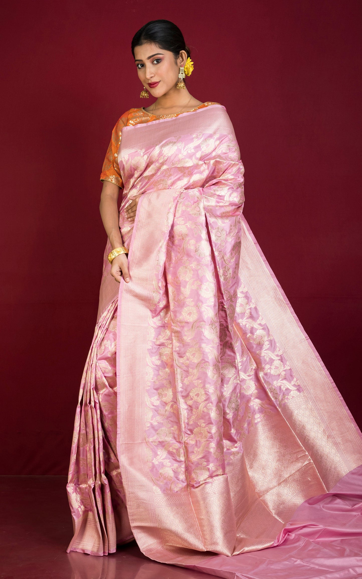 Jangla Jaal Work Pure Katan Banarasi Silk Saree in Blush Pink and Antique Silver