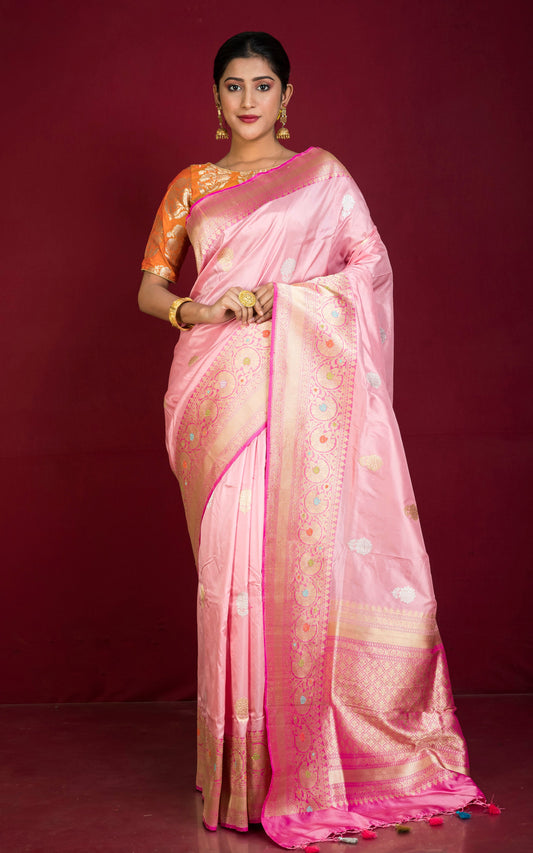 Exclusive Banarasi Katan Silk Saree in Matt Pink with Multicolored Minakari Skirt Border Nakshi Work