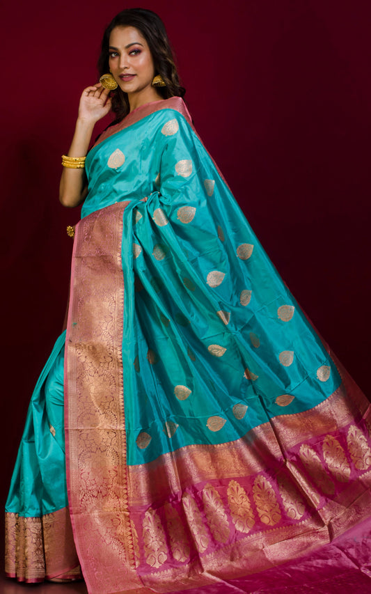 Pure Katan Banarasi Silk Saree in Turquoise Blue and Thulian Pink