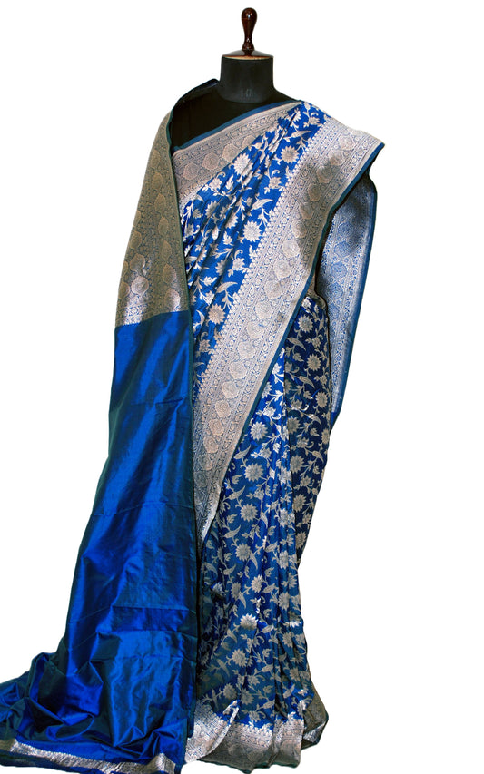 Jangla Jaal Work Pure Opada Katan Banarasi Silk Saree in Dodger Blue and Antique Silver