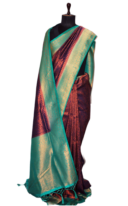 Tanchui Brocade Work Katan Silk Saree in Indigo Blue, Seafoam Green and Antique Gold Zari Work