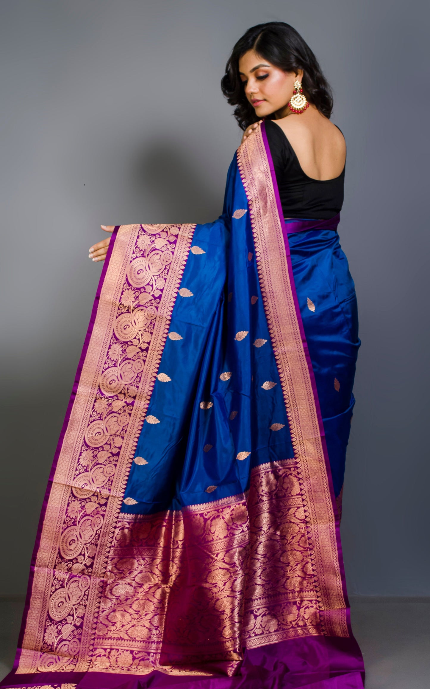 Pure Katan Banarasi Silk Saree in Admiral Blue and Purplish Magenta